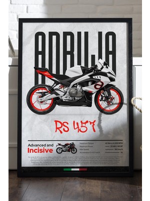 Duvarda Aprilia Rs 457 Siyah Ahşap Çerçeveli Poster, Dekoratif Motosiklet Duvar Tablosu
