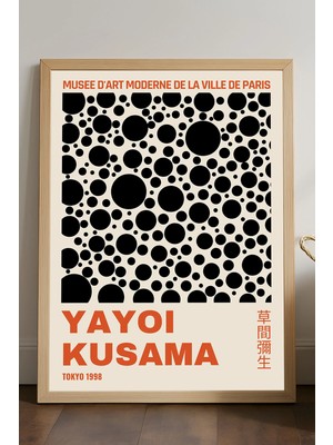 Duvarda Yayoi Kusama Doğal Ahşap Çerçeveli Poster, Dekoratif Sanatsal Duvar Tablosu