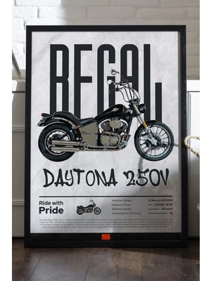 Duvarda Regal Daytona 250V Siyah Ahşap Çerçeveli Poster, Dekoratif Motosiklet Duvar Tablosu