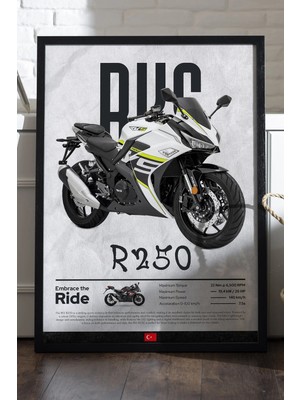 Duvarda Rks R250 Siyah Ahşap Çerçeveli Poster, Dekoratif Motosiklet Duvar Tablosu