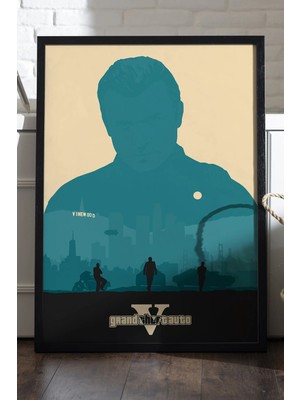 Duvarda Gta V Siyah Ahşap Çerçeveli Poster, Dekoratif Oyun Duvar Tablosu
