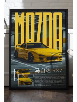 Duvarda Mazda Rx7 Siyah Ahşap Çerçeveli Poster, Dekoratif Araba Duvar Tablosu