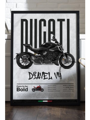 Duvarda Ducati Diavel V4 Siyah Ahşap Çerçeveli Poster, Dekoratif Motosiklet Duvar Tablosu