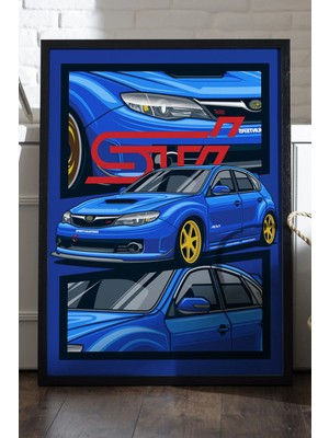 Duvarda Subaru Impreza Wrx Stı Siyah Ahşap Çerçeveli Poster, Dekoratif Araba Duvar Tablosu