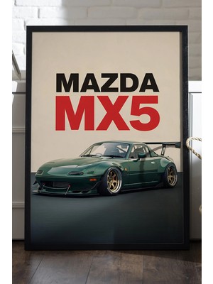 Duvarda Mazda Mx5 Siyah Ahşap Çerçeveli Poster, Dekoratif Araba Duvar Tablosu