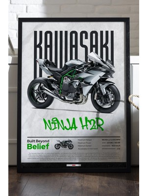 Duvarda Kawasaki Ninja H2 R Siyah Ahşap Çerçeveli Poster, Dekoratif Motosiklet Duvar Tablosu