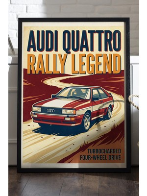 Duvarda Audi Quattro Siyah Ahşap Çerçeveli Poster, Dekoratif Araba Duvar Tablosu
