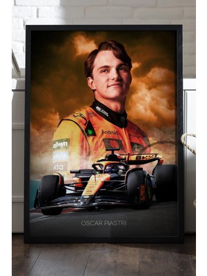 Duvarda Oscar Piastri Siyah Ahşap Çerçeveli Poster, Dekoratif Formula 1 Duvar Tablosu