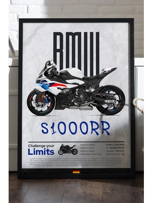 Duvarda Bmw S1000RR Siyah Ahşap Çerçeveli Poster, Dekoratif Motosiklet Duvar Tablosu