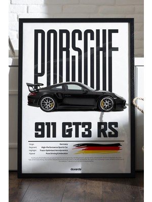 Duvarda Porsche 911 Siyah Ahşap Çerçeveli Poster, Dekoratif Motosiklet Duvar Tablosu
