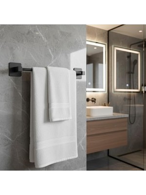 NY Home Siyah Uzun Havluluk – Duvara Monte Yapışkanlı Metal Havlu Askısı 42 Cm, Mat Siyah Banyo Aksesuarı