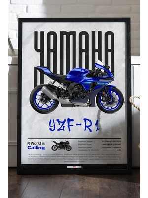 Duvarda Yamaha Yzf R1 Siyah Ahşap Çerçeveli Poster, Dekoratif Motosiklet Duvar Tablosu