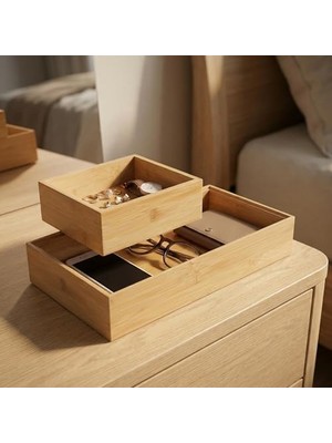 NY Home 2'li Çok Amaçlı Bambu Organizer Set - Büyük ve Küçük Boy Banyo, Mutfak ve Ofis Düzenleyici Kutu - Ahşap Dekoratif Saklama Seti (33X16X12 cm & 15X15X6 Cm)