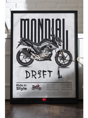 Duvarda Mondial Drift L Siyah Ahşap Çerçeveli Poster, Dekoratif Motosiklet Duvar Tablosu