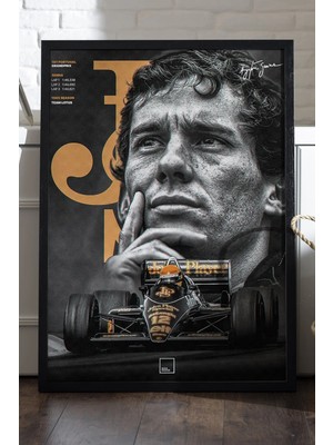 Duvarda Ayrton Senna Siyah Ahşap Çerçeveli Poster, Dekoratif Formula 1 Duvar Tablosu