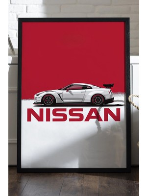 Duvarda Nissan Gt-R Siyah Ahşap Çerçeveli Poster, Dekoratif Araba Duvar Tablosu