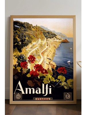 Duvarda Amalfi Doğal Ahşap Çerçeveli Poster, Dekoratif Seyahat Duvar Tablosu