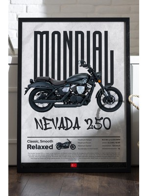 Duvarda Mondialnevada 250 Siyah Ahşap Çerçeveli Poster, Dekoratif Motosiklet Duvar Tablosu