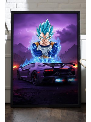 Duvarda Vegeta Lamborghini Aventador Siyah Ahşap Çerçeveli Poster, Dekoratif Anime Araba Duvar Tablosu