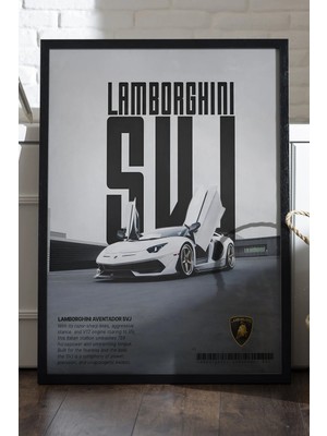 Duvarda Lamborghini Aventador Svj Siyah Ahşap Çerçeveli Poster, Dekoratif Araba Duvar Tablosu