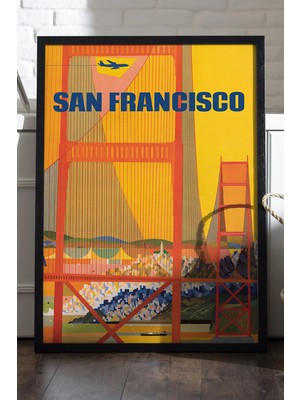 Duvarda San Francisco Siyah Ahşap Çerçeveli Poster, Dekoratif Seyahat Duvar Tablosu