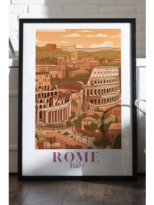 Duvarda Rome Siyah Ahşap Çerçeveli Poster, Dekoratif Seyahat Duvar Tablosu