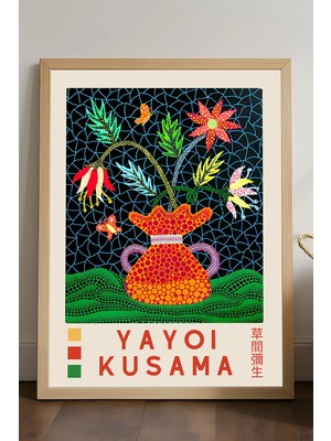 Duvarda Yayoi Kusama Doğal Ahşap Çerçeveli Poster, Dekoratif Sanatsal Duvar Tablosu