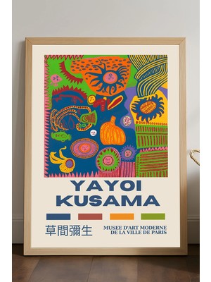 Duvarda Yayoi Kusama Doğal Ahşap Çerçeveli Poster, Dekoratif Sanatsal Duvar Tablosu