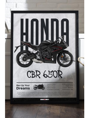 Duvarda Honda Cbr 650R Siyah Ahşap Çerçeveli Poster, Dekoratif Motosiklet Duvar Tablosu