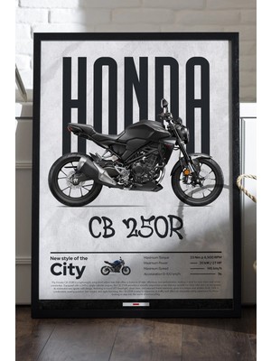 Duvarda Honda CB250R Siyah Ahşap Çerçeveli Poster, Dekoratif Motosiklet Duvar Tablosu