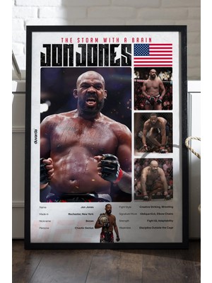 Duvarda Jon Jones Ufc Siyah Ahşap Çerçeveli Poster, Dekoratif Dövüş Duvar Tablosu