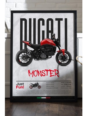 Duvarda Ducati Monster Siyah Ahşap Çerçeveli Poster, Dekoratif Motosiklet Duvar Tablosu