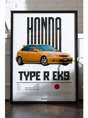 Duvarda Honda Type R Ek9 Araba Siyah Ahşap Çerçeveli Poster, Dekoratif Duvar Tablosu