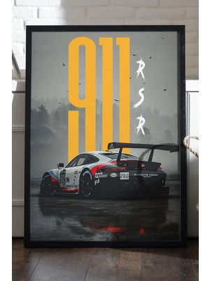 Duvarda Porsche 911 Rsr Siyah Ahşap Çerçeveli Poster, Dekoratif Araba Duvar Tablosu