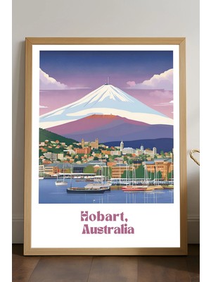 Duvarda Hobart Doğal Ahşap Çerçeveli Poster, Dekoratif Seyahat Duvar Tablosu