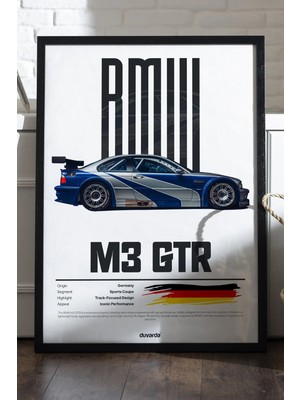 Duvarda Bmw M3 Gtr Araba Siyah Ahşap Çerçeveli Poster, Dekoratif Duvar Tablosu