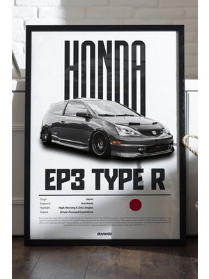 Duvarda Honda Ep3 Type R Araba Siyah Ahşap Çerçeveli Poster, Dekoratif Duvar Tablosu
