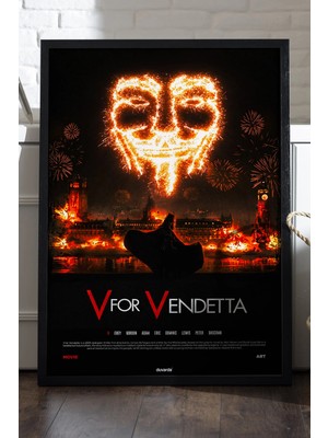 Duvarda V For Vendetta Siyah Ahşap Çerçeveli Poster, Film Duvar Tablosu