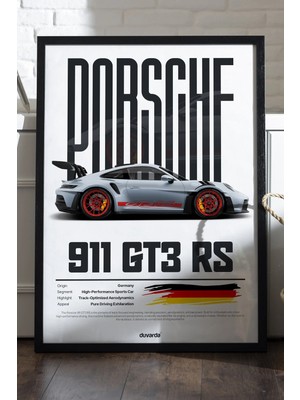 Duvarda Porsche 911 Gt3 Rs Araba Siyah Ahşap Çerçeveli Poster, Dekoratif Duvar Tablosu