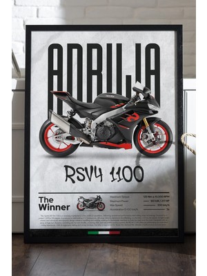 Duvarda Aprilia Rs V4 1100 Siyah Ahşap Çerçeveli Poster, Dekoratif Motosiklet Duvar Tablosu