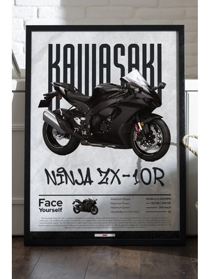 Duvarda Kawasaki Ninja ZX-10R Siyah Ahşap Çerçeveli Poster, Dekoratif Motosiklet Duvar Tablosu