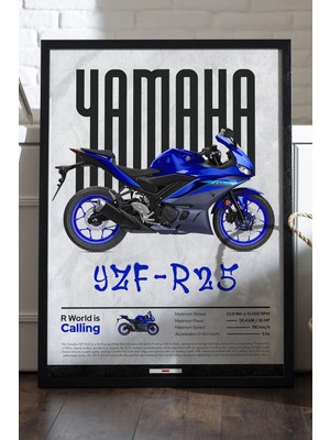 Duvarda Yamaha YZF-R25 Siyah Ahşap Çerçeveli Poster, Dekoratif Motosiklet Duvar Tablosu
