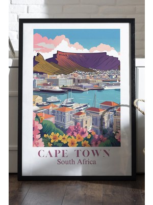 Duvarda Cape Town Siyah Ahşap Çerçeveli Poster, Dekoratif Seyahat Duvar Tablosu
