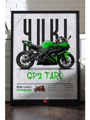 Duvarda Yuki Gp2 Taro Siyah Ahşap Çerçeveli Poster, Dekoratif Motosiklet Duvar Tablosu
