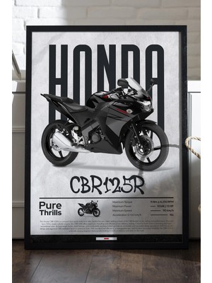 Duvarda Honda Cbr 125R Siyah Ahşap Çerçeveli Poster, Dekoratif Motosiklet Duvar Tablosu