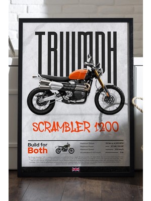 Duvarda Triumph Scrambler 1200 Siyah Ahşap Çerçeveli Dekoratif Motosiklet Duvar Tablosu