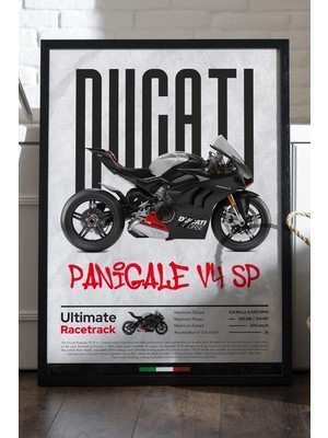 Duvarda Ducati Panigale V4 Sp Siyah Ahşap Çerçeveli Poster, Dekoratif Motosiklet Duvar Tablosu