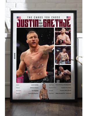 Duvarda Justin Gaethje Ufc Siyah Ahşap Çerçeveli Poster, Dekoratif Dövüş Duvar Tablosu
