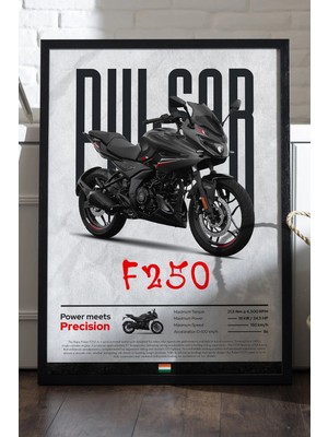 Duvarda Bajaj Pulsar F250 Siyah Ahşap Çerçeveli Poster, Dekoratif Motosiklet Duvar Tablosu