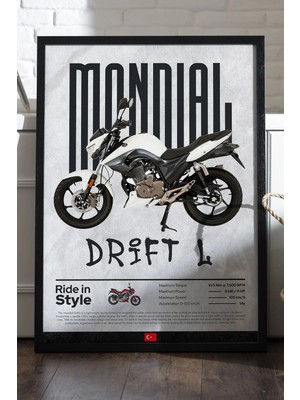 Duvarda Mondial Drift L Siyah Ahşap Çerçeveli Poster, Dekoratif Motosiklet Duvar Tablosu